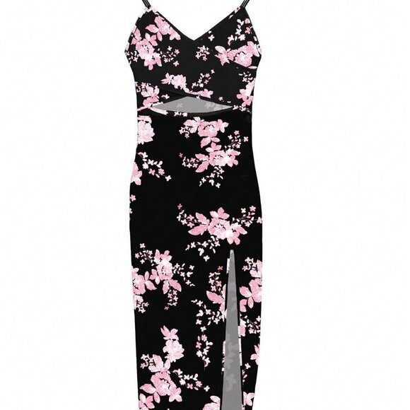 Purple Sexy Women's Printed Asymmetrical Hem Split Spaghetti Strap Bodycon Dress - Picture 3 of 3